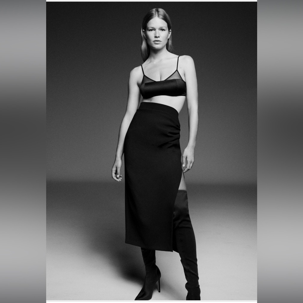 Zara Black Draped Midi Pencil Skirt with Side Slit